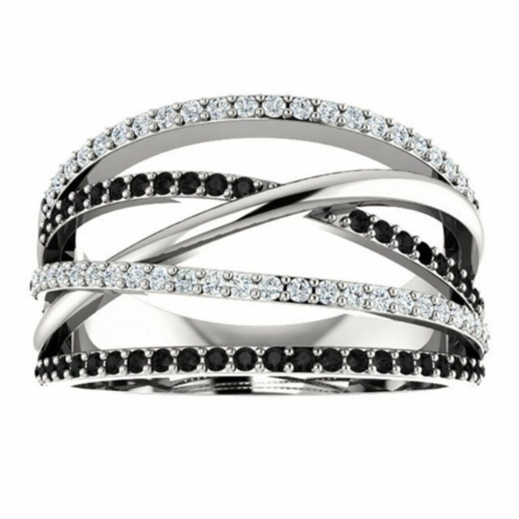 Multi Rows 925 Silver White & Black Sapphire Ring - Picture 3 of 5